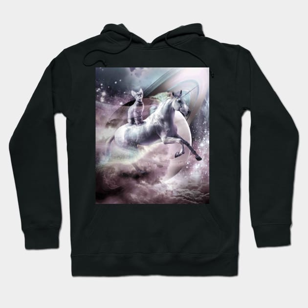 Rainbow Galaxy Cat Riding Unicorn In Space Hoodie by Random Galaxy